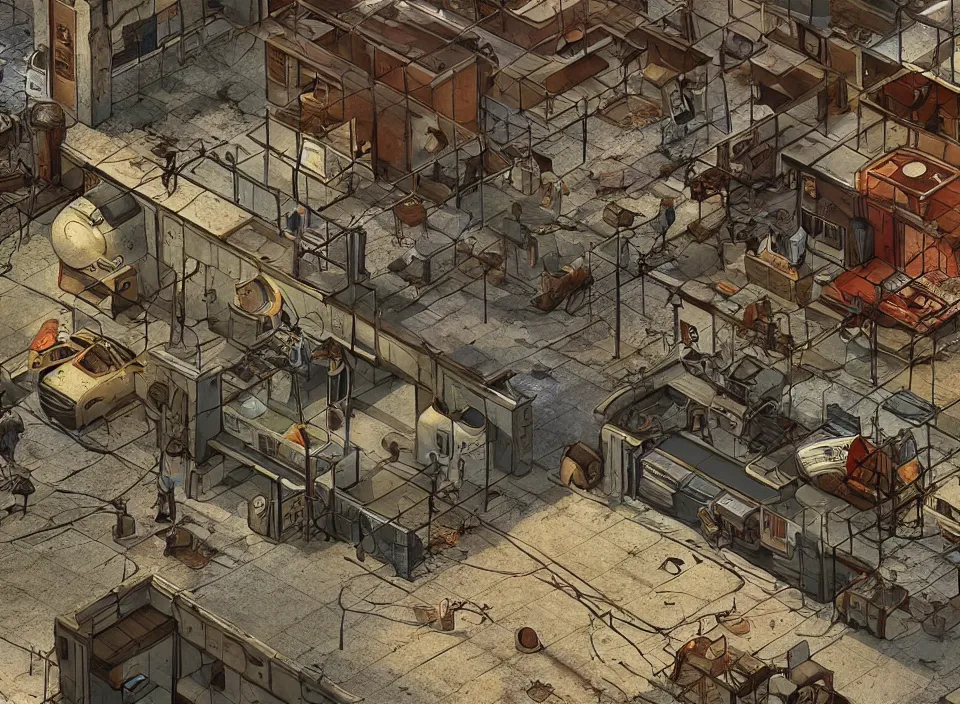 Image similar to Screenshot of abandoned rusty McDonald restaurant in Fallout 2 (1998), isometric perspective, postapocalyptic, bird's eye view, high quality