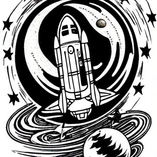 Image similar to old school, traditional style tattoo sketch of beautiful redhead girl, full body portrait in space riding a rocket, in front of jupiter planet with its moons drawn by sailor jerry, vic james, electric martina, heath clifford, kimi vera