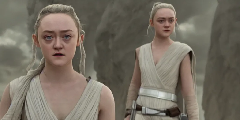 Prompt: Dakota Fanning as rey in the new star wars movie, cinematic, detailed, ultrawide