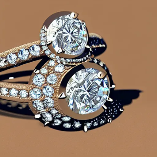 Image similar to photo of engagement ring with two diamonds outside and one in the middle, realistic, hyper detailed, concept art, victorian, multiple angles