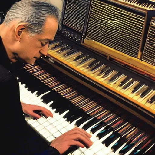 Prompt: photo of george gershwin playing a modular synthesizer, realistic, sharp focus, 4 k high definition, insanely detailed, intricate, elegant, art by stanley lau and artgerm