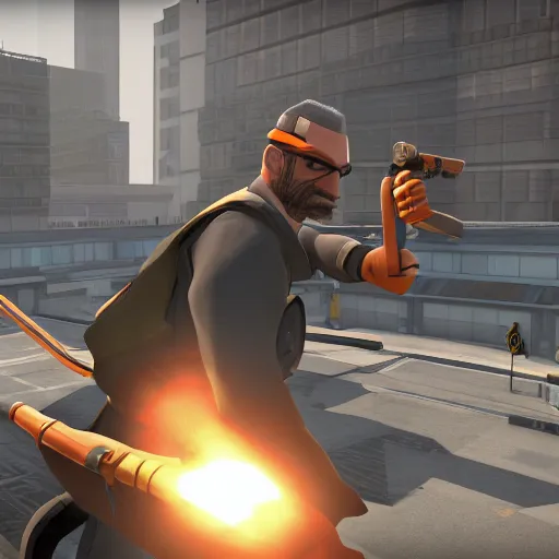 Prompt: Gordon Freeman in Team fortress 2, 4k screenshot of Team fortress 2 gameplay, 8k hdr showcase