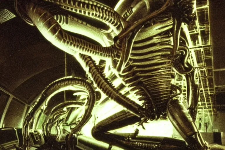 Image similar to vintage photo of alien invasion xenomorph giger style, flash photography at night, retro 1 9 7 0 s kodachrome