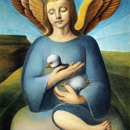 Image similar to biblical angel holding a duck, by jean deville, by william blake, oil on canvas