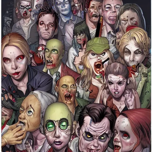 Image similar to a crowd of zombies where everyone is Bill Hader, artgerm, J. Scott Campbell
