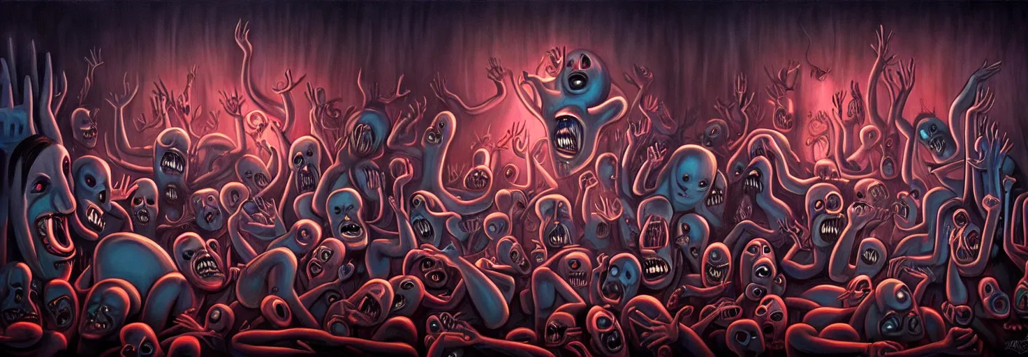 Prompt: visceral freaky obsessive creatures from the darkest depths of collective unconscious, dramatic glowing lighting, 1 9 3 0 s fleischer cartoon characters, wild emotional expressions - surreal painting by ronny khalil