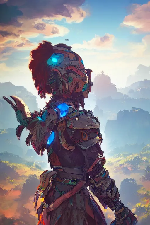 Image similar to combination suit armor aloy horizon forbidden west horizon zero dawn radiating a glowing aura global illumination ray tracing hdr fanart arstation by ian pesty and alena aenami artworks in 4 k tribal robot ninja mask helmet backpack