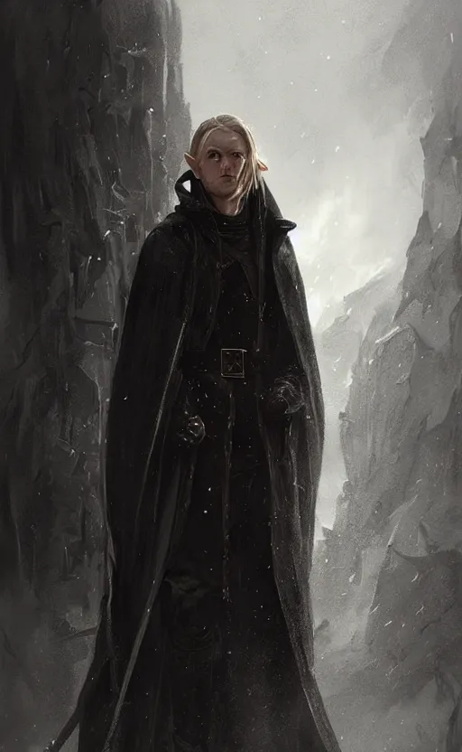 Prompt: Portrait of an elf in a black cloak with black boots, male, detailed face, fantasy, highly detailed, cinematic lighting, digital art painting by greg rutkowski