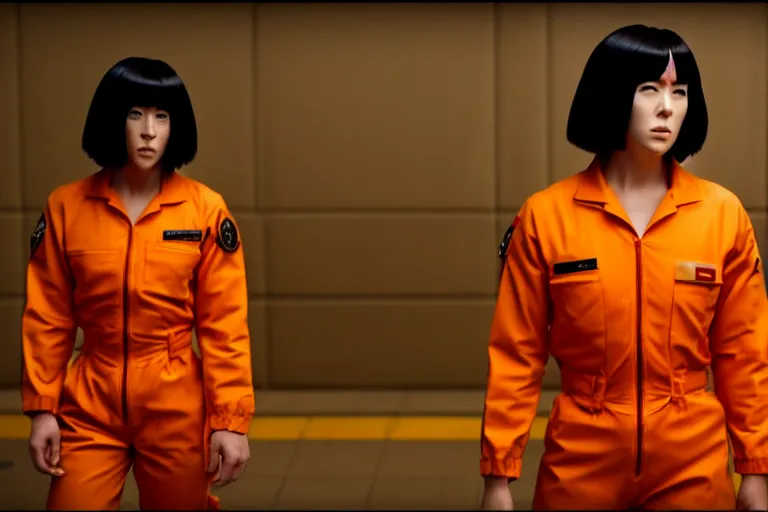 Image similar to major motoko wearing an orange prison jumpsuit, photography by fred palacio medium full shot still from bladerunner 2 0 4 9, sci fi, bladerunner, canon eos r 3, f / 3, iso 2 0 0, 1 / 1 6 0 s, 8 k, raw, unedited