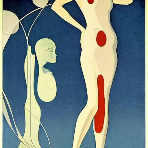 Prompt: art by coles phillips, a tall chrome - skinned goddess walks the earth, reflective skin, chrome, skin with a mirrror like finish similar to the silver surfer, mucha, kandinsky, joshua middleton