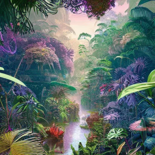 Prompt: a beautiful painting of jungle plants, flowers, river, surrounded by magical lighting, 4 k unreal engine renders, ultra - wide angle, by victo ngai, geof darrow, peter mohrbacher, johfra bosschart, thomas kinkade, hd, pastel color scheme