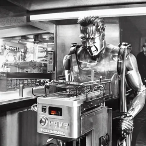 Prompt: The Terminator using a deep fryer in a fast food restaurant