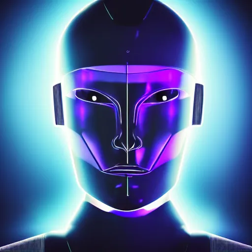 Image similar to portrait of a slick futuristic robot with a large square tv for a head, displaying a digital face. hyper realistic. cyberpunk background. intricate details