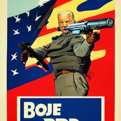 Prompt: propaganda poster of joe biden pointing gun directly at camera in james bond movie, closeup of gun, visible barrel and grip by j. c. leyendecker, bosch, lisa frank, jon mcnaughton, and beksinski