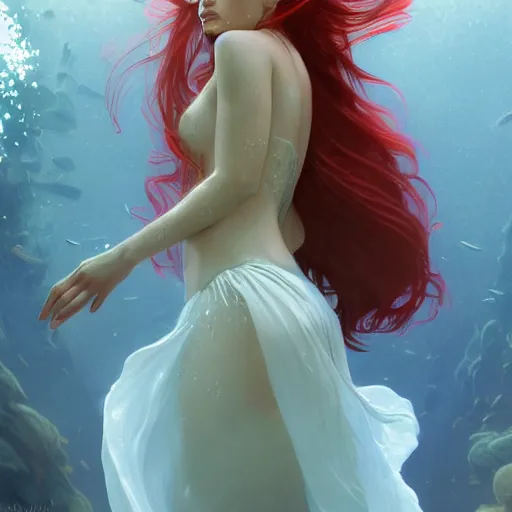 Image similar to a female red hair wearing see through white long dress under the water, bubble, underwater caustic, olive skinned, sumerian, d & d, highly detailed, digital painting, artstation, concept art, sharp focus, illustration, cinematic lighting, art by artgerm and greg rutkowski and alphonse mucha