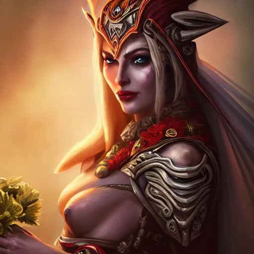 Image similar to hyperrealist portrait of sylvanas windrunner wearing a wedding dress and holding a bouquet of flowers in a burning landscape. by bayard wu, fantasy art, photo realistic, dynamic lighting, trending on artstation, poster, volumetric lighting, very detailed faces, 4 k, award winning