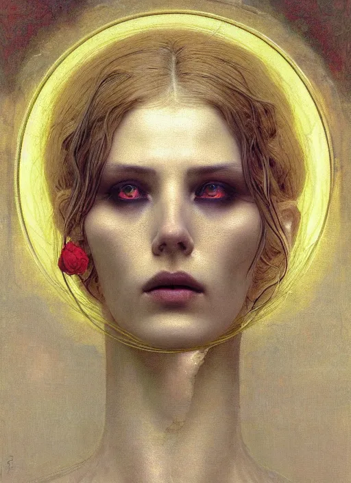 Image similar to Woman masterpiece, beautiful eyes, yellow, golden halo behind her head, red wires wrap around, by Edgar Maxence and Ross Tran, Zdzisław Beksiński, and Michael Whelan, distant, gustav dore, H.R. Giger, 8k, octane render