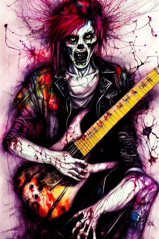 Image similar to zombie punk rocker playing guitar by agnes cecile, brian froud, intricated details, 3 / 4 view, full body portrait, extremely luminous bright design, horror, pastel colours, toxic drips, autumn lights