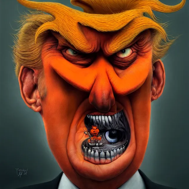 Prompt: gediminas pranckevicius | close up portrait of a evil trump with orange hair in the sinister valley of despair, one mouth, one nose, two eyes, oil painting by tomasz jedruszek, cinematic lighting, pen and ink, intricate line, hd, 4 k, million of likes, trending on artstation