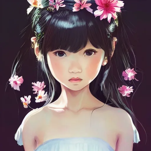 Image similar to little thai girl with flowers in hair wearing an white dress. art by ilya kuvshinov, profile picture, inspired in hirohiko araki, realistic, highly detailed, 8 0 s anime art style, vogue cover