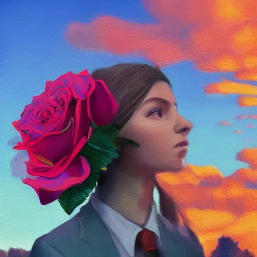 Image similar to closeup, giant rose flower head, frontal, a girl in a suit, surreal photography, sunrise, blue sky, dramatic light, impressionist painting, digital painting, artstation, simon stalenhag