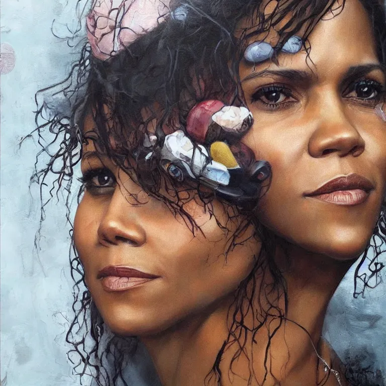 Image similar to Street-art portrait of Halle Maria Berry in style of Etam Cru, photorealism, elegant woman, beautiful woman