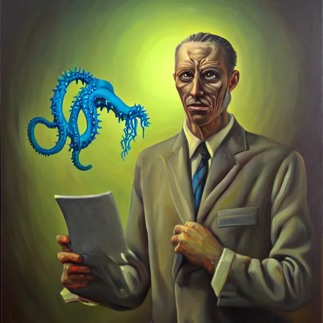 Prompt: an oil on canvas painting of a business man, polycount, surrealism, surrealist, lovecraftian, cosmic horror, high detail