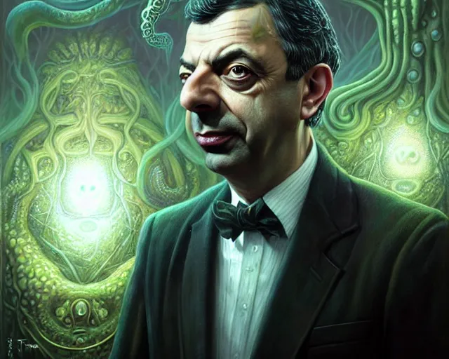 Prompt: lovecraft biopunk portrait of rowan sebastian atkinson, fractal background, cthulhu behind him, by tomasz alen kopera and peter mohrbacher