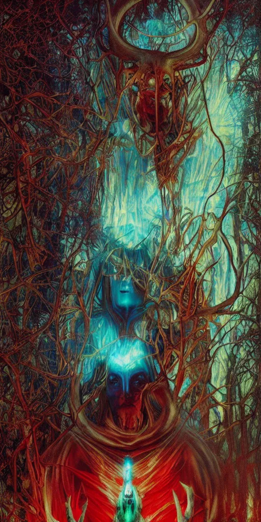 Image similar to intense snarling glowing pagan god with ram horns and veins and intense glowing eyes in very dark forest by karol bak and beksinski and alphonse mucha, portrait, fantasy, clear, light beams, lens flare, intense, uhd, red and teal and yellow, amazing depth, cinematic lighting