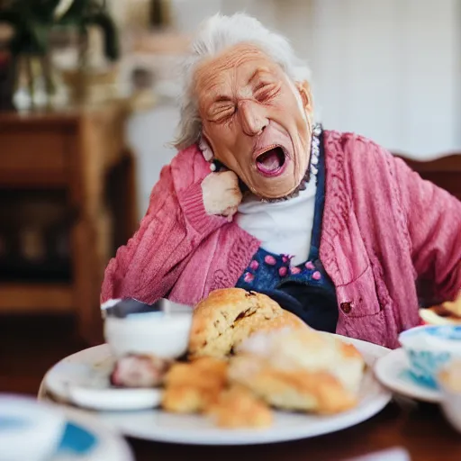 Prompt: elderly woman screaming at a plate of scones, canon eos r 3, f / 1. 4, iso 2 0 0, 1 / 1 6 0 s, 8 k, raw, unedited, symmetrical balance, wide angle