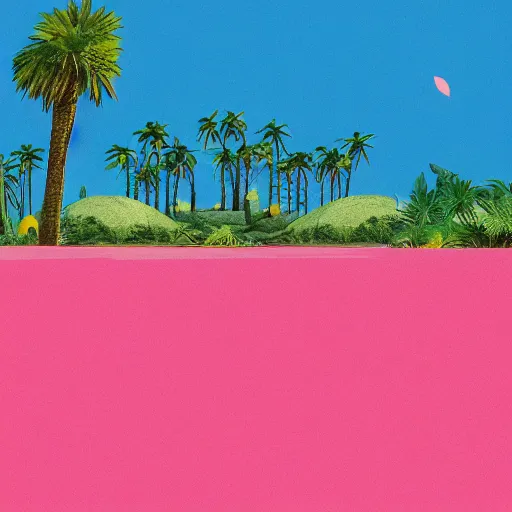 Image similar to illustration of an oasis in a desert, stylized. Hot yellow sand with cyan water with white lines of refraction. Palm trees surround the oasis. Pink blocks are rising out of the water in a row leading from near to far, with vines hanging off them