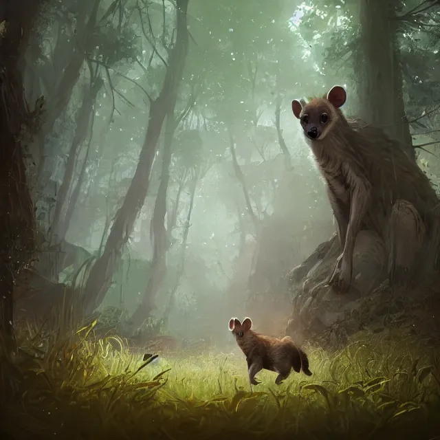 Image similar to a beautiful painting of a cute brown hyena. gray otter. in a forest. disney character design by cory loftis, fenghua zhong, ryohei hase, ismail inceoglu and ruan jia. artstation, volumetric light, detailed, photorealistic, rendered in octane