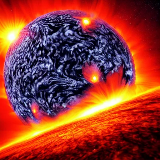 Image similar to The Sun spewing red and orange solar flares from its poles, distributing an enormous amount of energy, creating a superstorm that could catastrophically erupt the normality of space and time, satellite imagery, satellite visible light imagery, trending on artstation, 4k, 8k