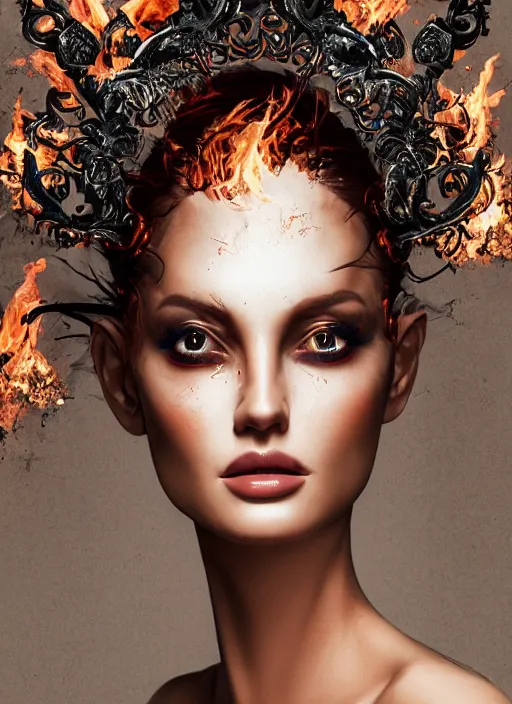 Image similar to 3d fashion portrait with fire, female, future, torch, flame, harper's bazaar, vogue, fashion magazine, intricate, concept art, close up, ornate, luxury, elite, elegant, trending on artstation, by ruan jia, by Kenneth Willardt, by ross tran, by WLOP, by Andrei Riabovitchev,