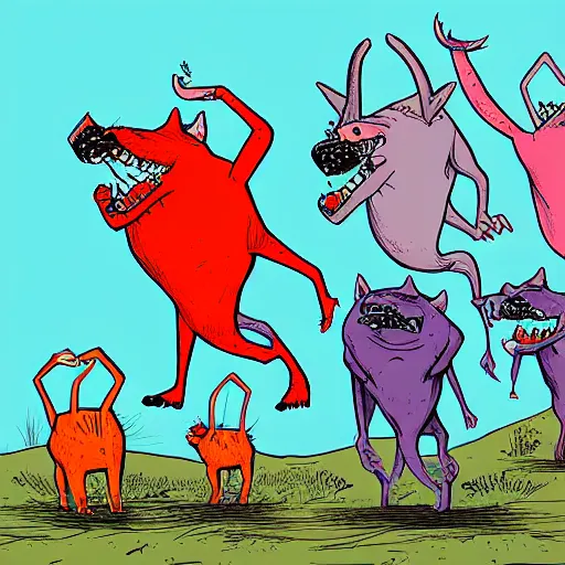 Prompt: digital cartoon illustration of a group of feral hogs by alex pardee, cartoon art, creative design