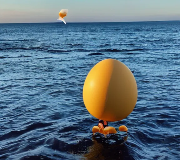 Image similar to luigi sitting on an egg flying over the sea, wide shot, dramatic, golden hour