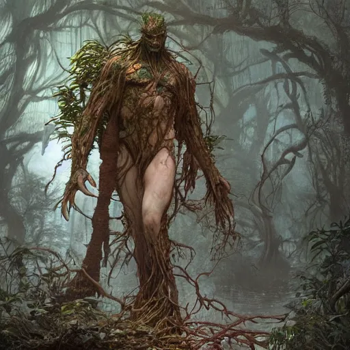 Image similar to swamp thing, ultra realistic, concept art, intricate details, eerie, highly detailed, photorealistic, octane render, 8 k, unreal engine. art by ed binkley and ellen jewett and artgerm and greg rutkowski and alphonse mucha