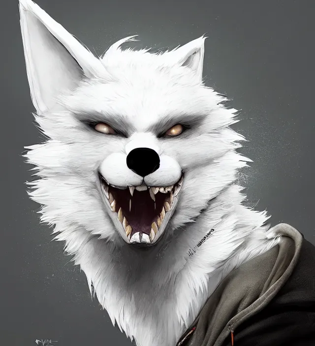 Prompt: a beautiful portrait of a handsome male anthropomorph white wolf furry fursona wearing a hoodie. character design by cory loftis, fenghua zhong, ryohei hase, ismail inceoglu and ruan jia. artstation, volumetric light, detailed, photorealistic, rendered in octane