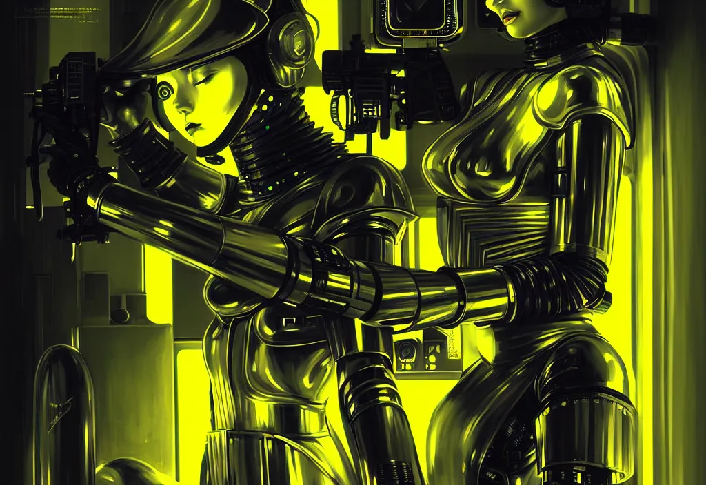 Image similar to portrait of futuristic armor ploice girl, metallic black and yellow color wardrobe, in cyberpunk lights shibuya japan reflected night, ssci - fi, neon light and fantasy, intricate and beautiful, highly detailed, concept art, smooth and sharp focus, illustration, art by tian zi and wlop and alphonse mucha