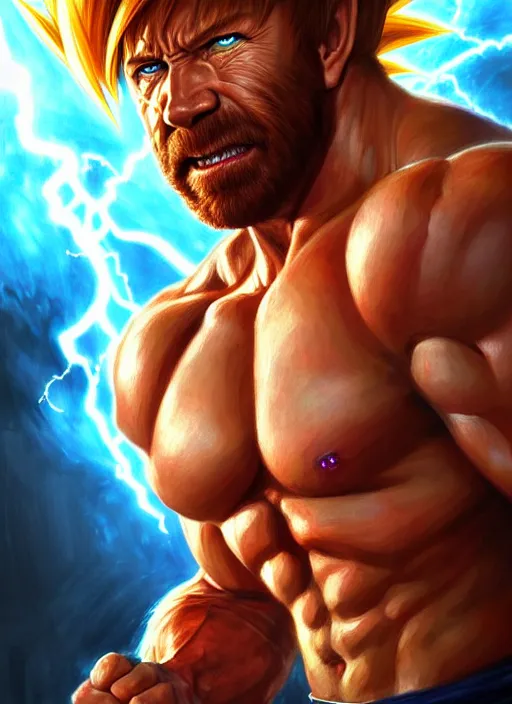 Image similar to portrait of aggressive chuck norris going super saiyan, d & d, muscular! storm! fantasy, intricate, elegant, highly detailed, digital painting, artstation, concept art, smooth, sharp focus, illustration, art by artgerm and greg rutkowski and alphonse mucha