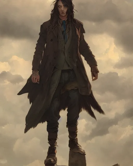 Prompt: portrait, cute young man, long hair, post - apocalyptic, waistcoat, black greatcoat, blue scarf, very detailed, dusk, character illustration, cloudy sky, soft lighting, octane render, greg rutkowski, alphonse mucha, sung choi, 8 k