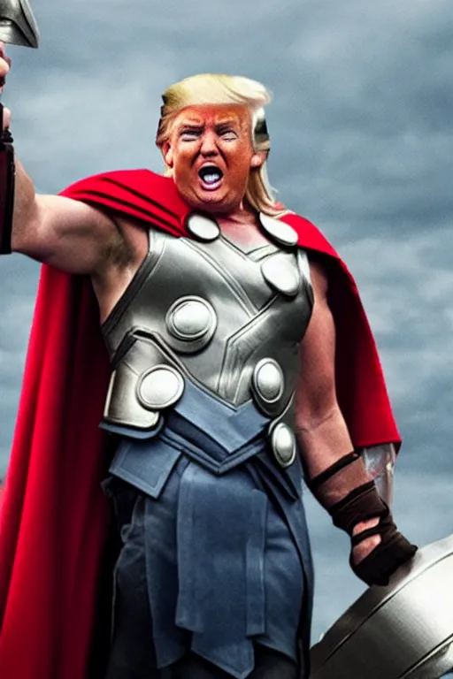 Image similar to donald trump as thor, wielding hammer, ready for battle, movie still