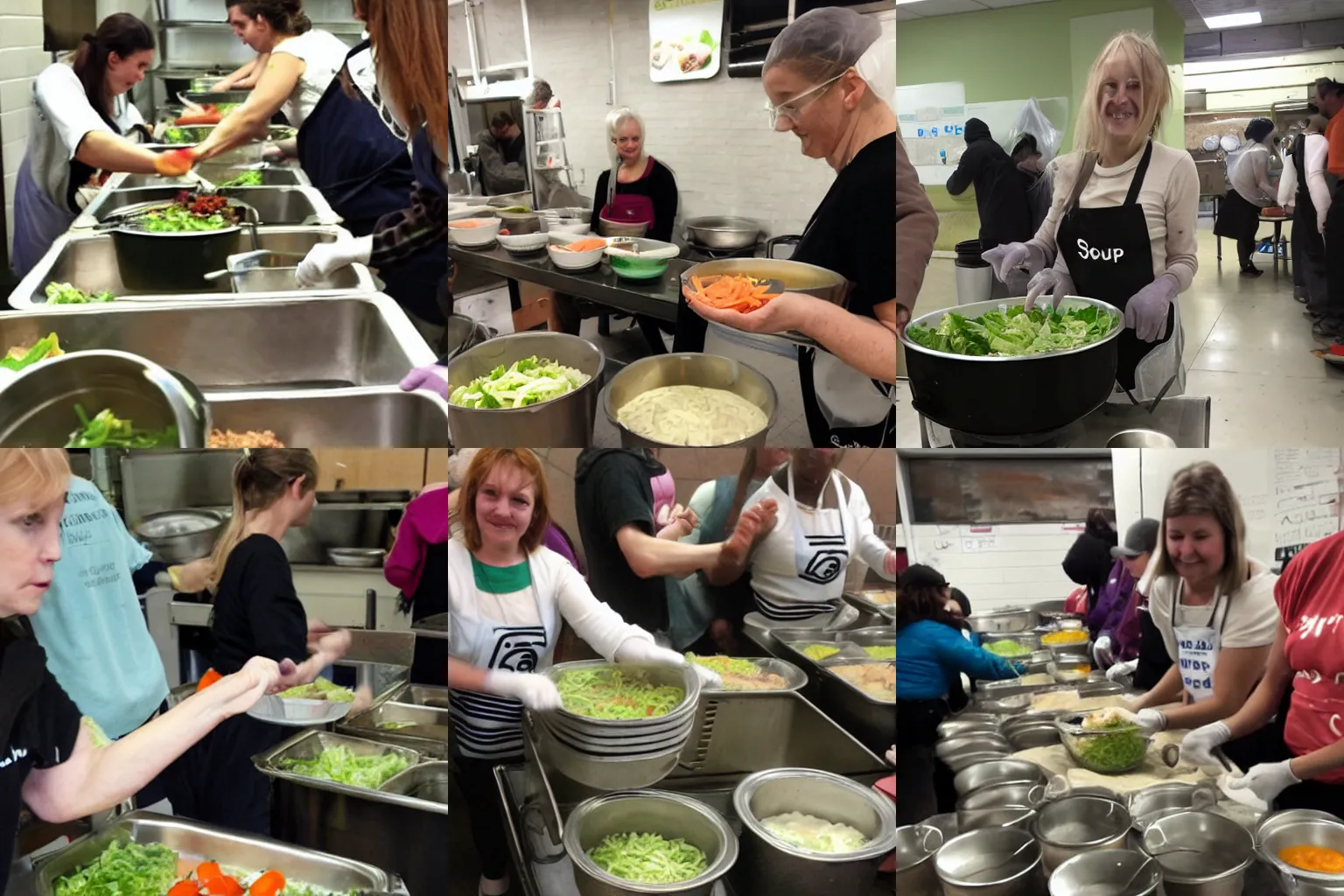 Prompt: salad fingers volunteering at a soup kitchen