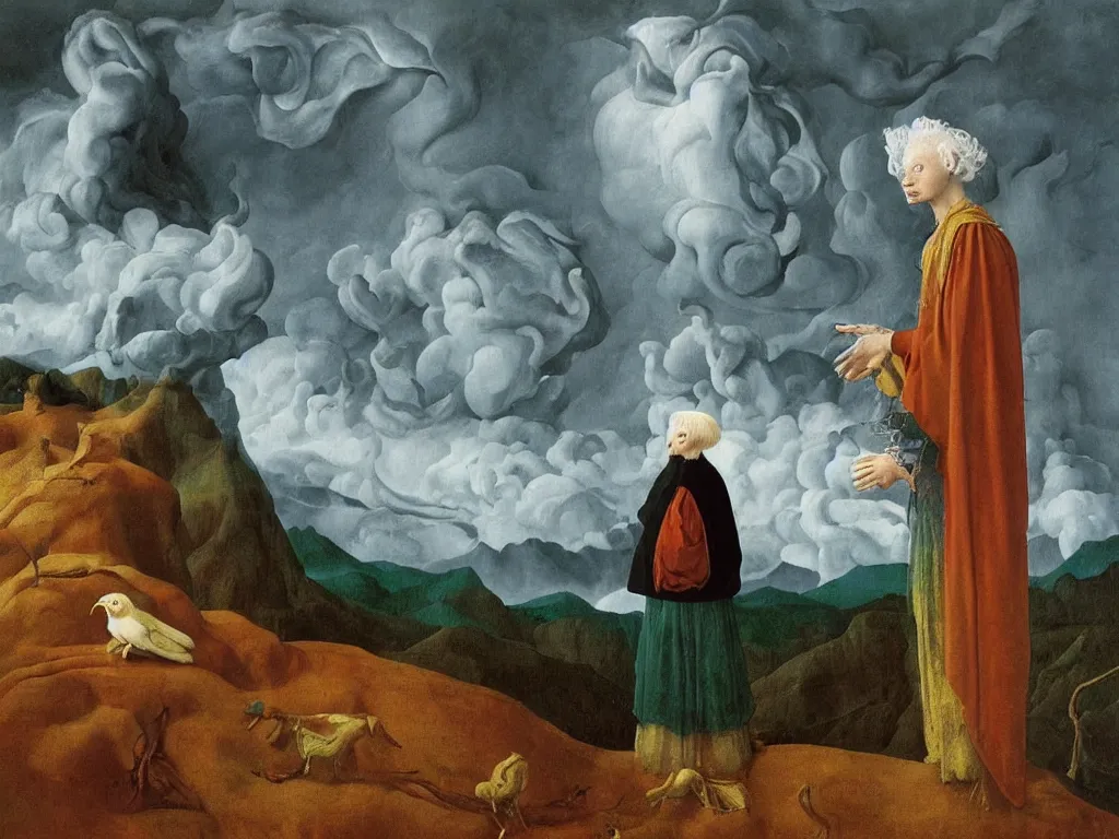 Image similar to albino mystic, with his back turned, looking at a storm over over the mountains in the distance, with the evolution of life, exotic bird, reptile, mammal. Painting by Jan van Eyck, Audubon, Rene Magritte, Agnes Pelton, Max Ernst, Walton Ford