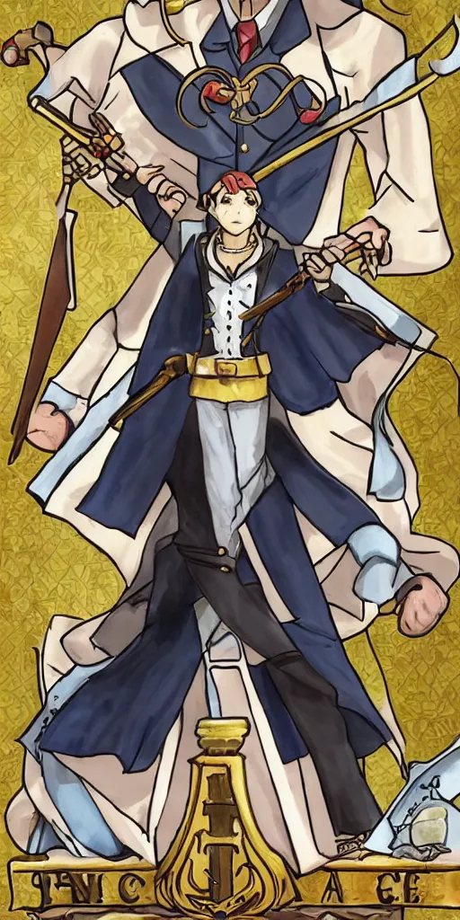 Prompt: the judge from Ace Attorney with a scale in one hand. Tarot card Justice