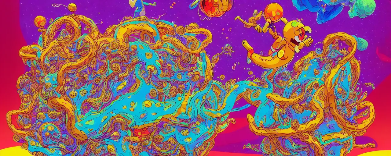 Image similar to ultra detailed surreal moebius illustration of super mario having psychedelic acid trip on lsd glichy hypnotic fractals spirals with molecule structures fluid flowing shapes by sachin teng and sergey kolesov and ruan jia and heng z. graffiti art, scifi, fantasy, hyper detailed. octane render. concept art. trending on artstation