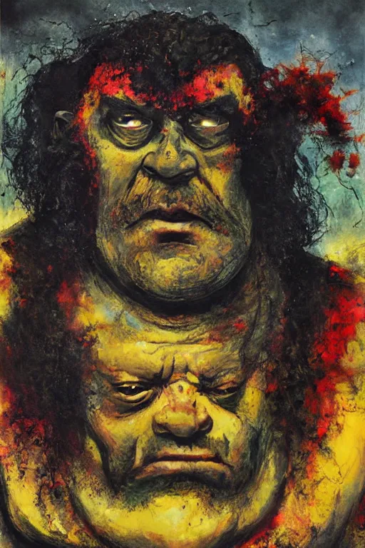 Image similar to surreal a hulking herculean hagrid in a post apocalyptic hellscape, esoteric symbolism, intense emotional power, red yellow black, palette knife oil painting by peter booth and william blake