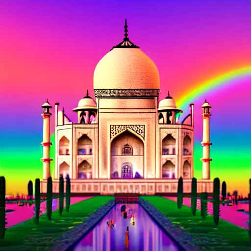 Prompt: futuristic taj mahal painted in rainbow colors. photorealistic. brightly lit scene. this 4 k hd image is trending on artstation, featured on behance, well - rendered, extra crisp, features intricate detail, epic composition and the style of unreal engine.