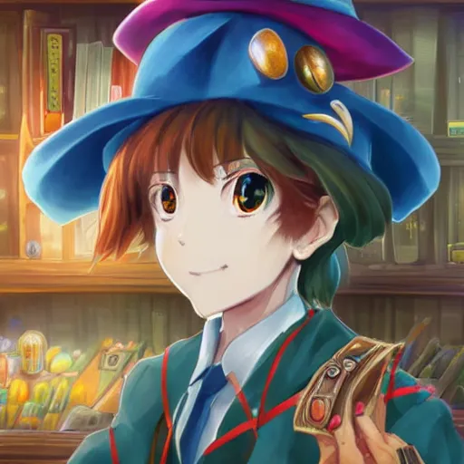 Image similar to Anime artwork of Anthropomorphized parrot trader in his shop, shelves full, selling a gem, portrait, items, magic potions, carpet, window, fancy funny hat, sly expression , cunning expression, cute expression, presenting magic gem, D&D, fantasy, cinematic lighting, highly detailed, digital painting, artstation, concept art, smooth, sharp focus, illustration, warm light, cozy warm tint, magic the gathering artwork, volumetric lighting, 8k, no gold, no gold colours, art by Akihiko Yoshida and Greg Rutkowski