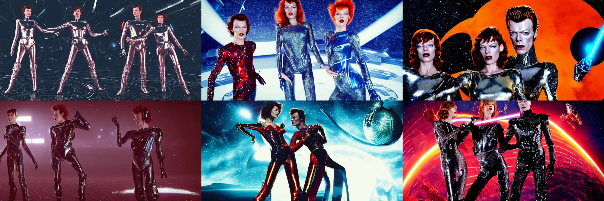 Prompt: milla jovovich and david bowie wearing a rocknroll glitzy glamour spacesuit, beautiful, heroic action pose, stunning alien landscape, cinematic, dramatic studio lighting, wide shot, in the style of kubrick, ridley scott, jodorowsky, dune, star wars, transformers, moulin rouge, tron, science fiction, illustration, 3 d sculpture octane render